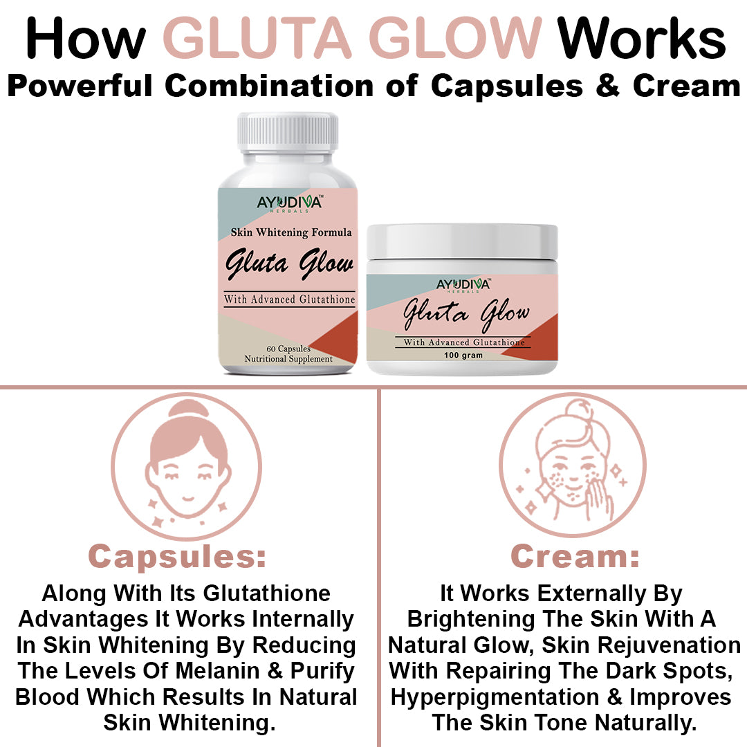 GLUTA GLOW SKIN WHITENING CAPSULES + CREAM 3 MONTHS COURSE