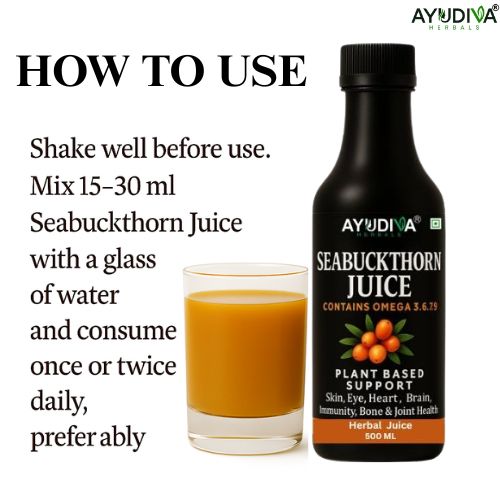 Ayudiva Herbals Seabuckthorn Juice with Omega 3, 6, 7, 9 | Plant-Based Daily Wellness Drink (500 ml)