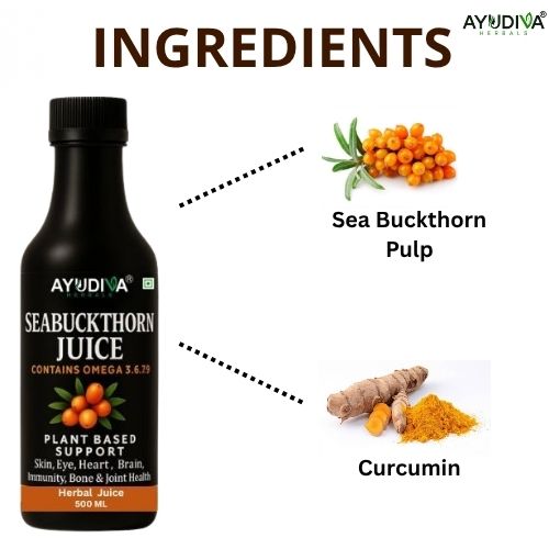 Ayudiva Herbals Seabuckthorn Juice with Omega 3, 6, 7, 9 | Plant-Based Daily Wellness Drink (500 ml)