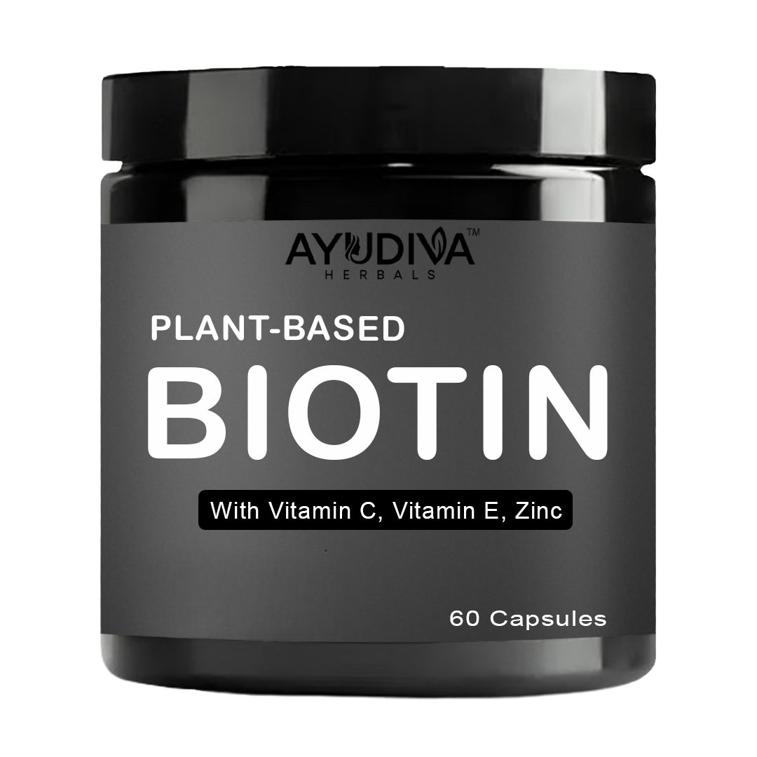 Ayudiva Herbals Plant-Based Biotin Capsules with Vitamin C, Vitamin E & Zinc | Hair, Skin & Nail Wellness Support (60 Capsules)