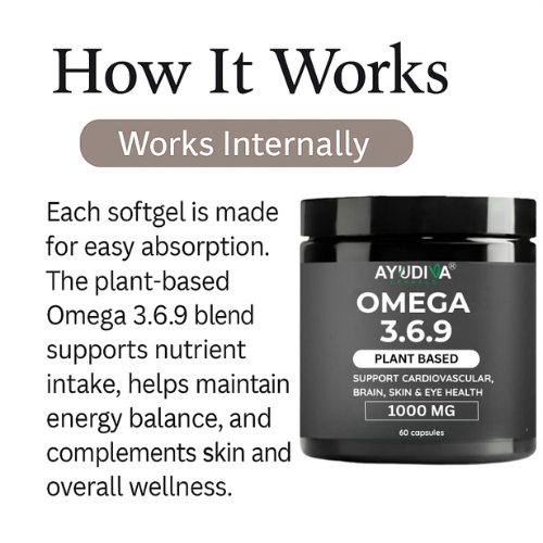 Ayudiva Herbals Omega 3.6.9 Plant-Based Capsules | 1000 mg | Daily Wellness & Nutritional Support (60 Capsules)