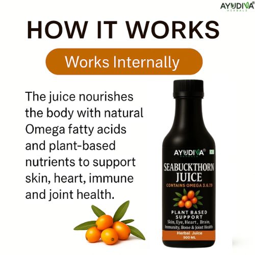 Ayudiva Herbals Seabuckthorn Juice with Omega 3, 6, 7, 9 | Plant-Based Daily Wellness Drink (500 ml)