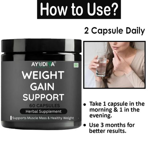 Ayudiva Herbals Weight Gain Support – 60 Capsules | Herbal Supplement | Supports Healthy Weight & Muscle Mass